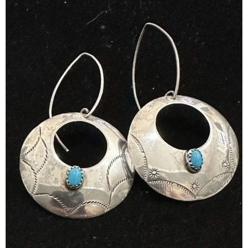 Vintage Southwest Hand Stamped Sterling Silver Concho Turquoise Earrings